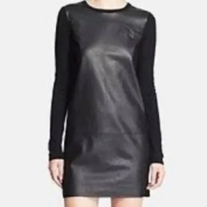 Vince Black Sweater Dress Wool Lamb Leather Round Neck Long Sleeve Size M